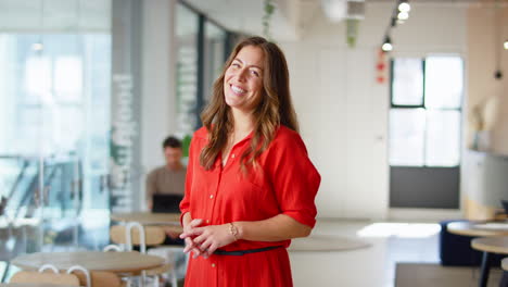 Portrait-Of-Smiling-Mature-Businesswoman-Standing-In-Busy-Open-Plan-Office