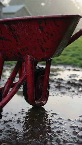 red wheelbarrow in a muddy field