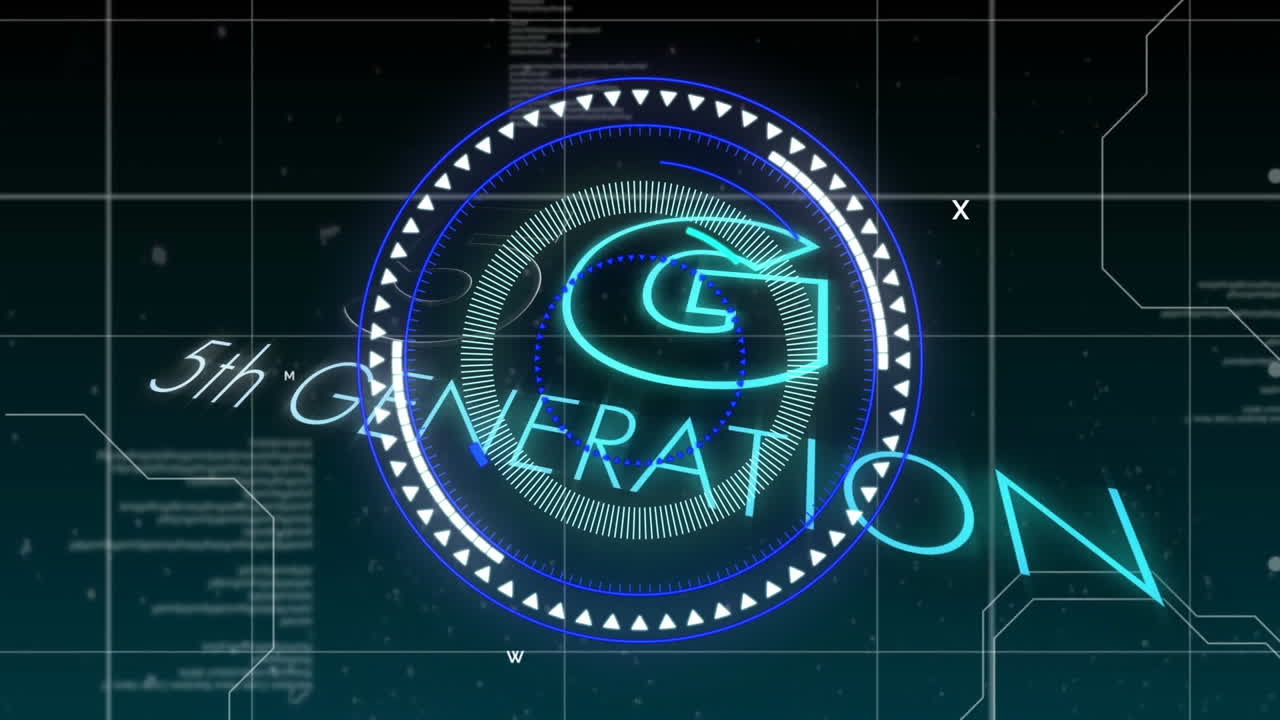 animación de texto de neón 5g sobre escáner redondo y procesamiento de datos sobre red de red