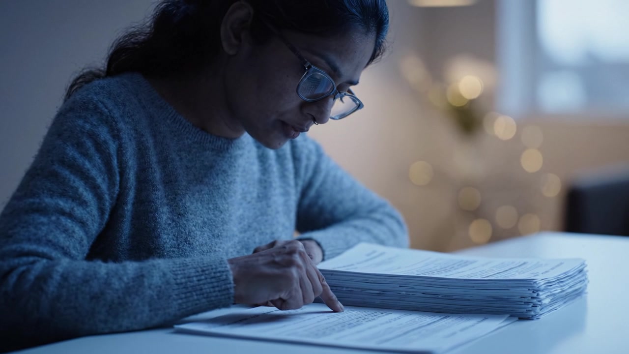 Focused Woman Reviewing Papers at a Well-Lit Desk with Bokeh Background, Demonstrating Concentration and Diligence in Work Environment