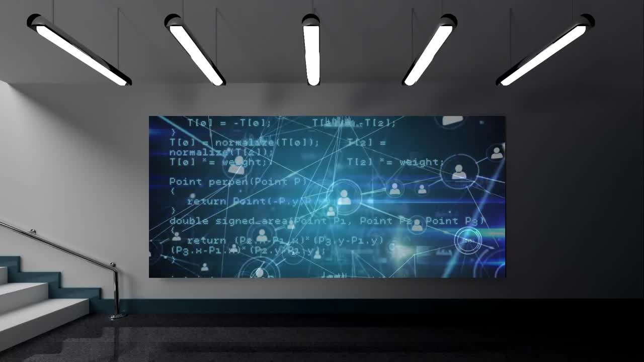 Animation of network of connections with people icons and data processing on screen