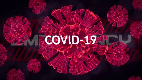 covid-19 text over multiple covid-19 cells floating against emergency text banner