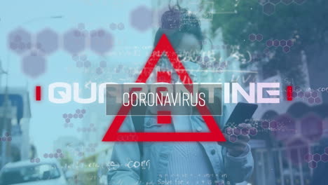 animation of covid 19 text over warning triangle and woman in face mask