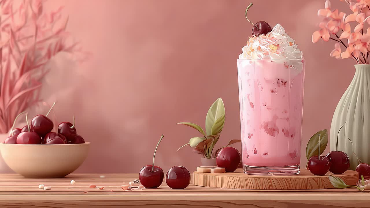 A Delightful Cherry Milkshake Surrounded by Fresh Fruits and Elegant Decorative Elements, Perfect for a Refreshing Treat in a Stylish Setting