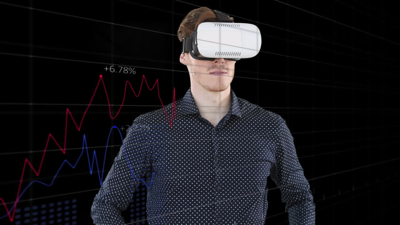 animación del escaneo del alcance y el procesamiento de datos sobre un hombre de negocios que usa auriculares vr
