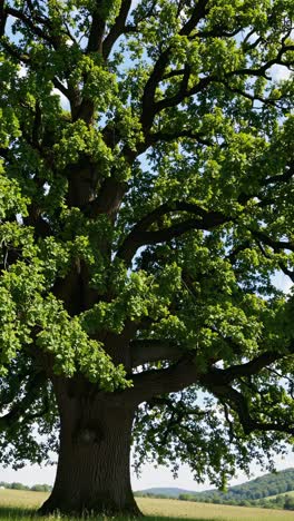 majestic oak tree captured from a low-angle, showcasing its sprawling branches and lush leaves video