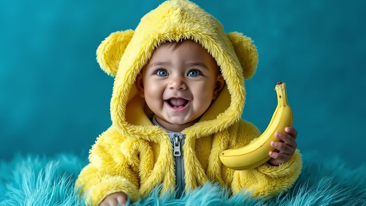 Sarı bir ayı kostümü giymiş, muz tutan bir bebek