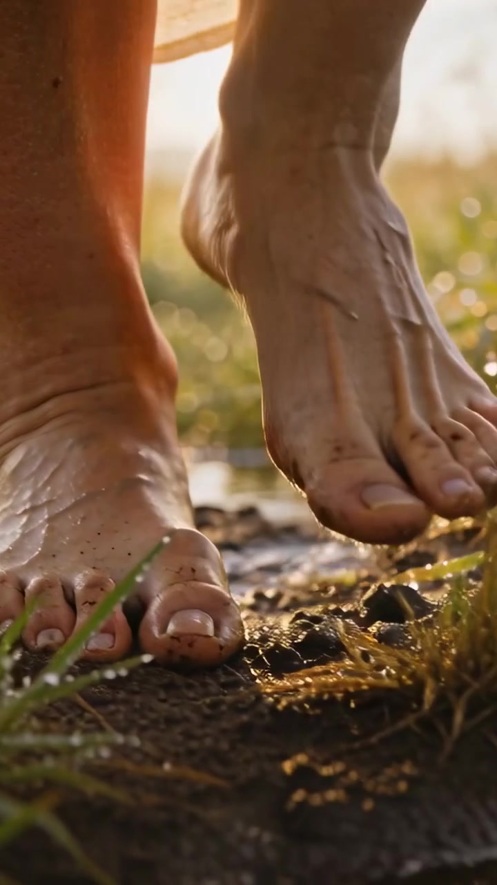 Vertical video: Stepping barefoot person feeling toes touching mud puddle in field, with dress hem