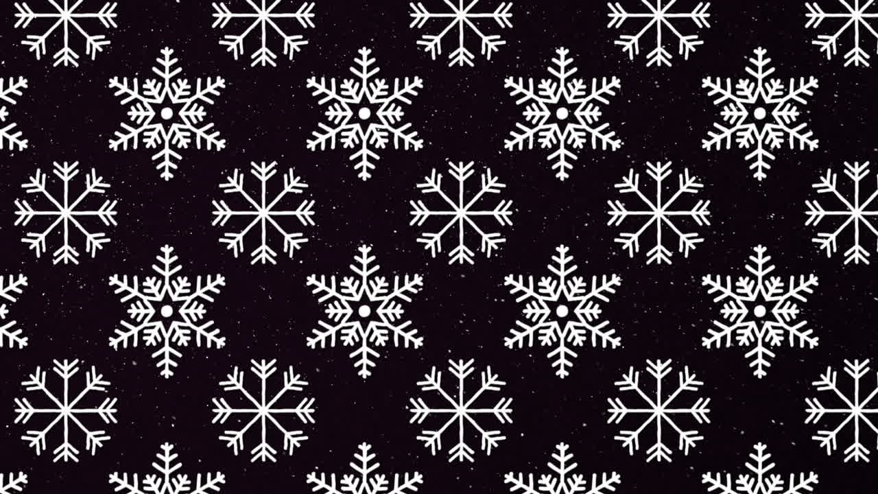 Snow falling and snowflakes icons in seamless pattern against black background