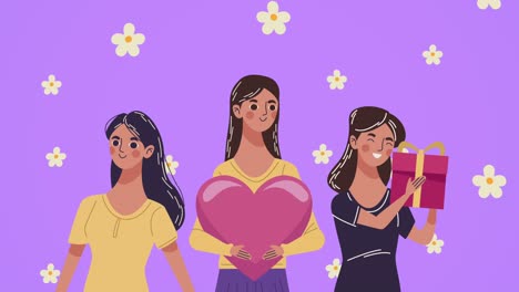 feliz tarjeta de día de la mujer con niñas levantando corazón y regalo