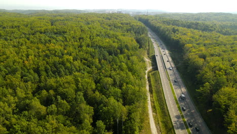 aerial reveal shot of a big highway through a forest of the north of poland