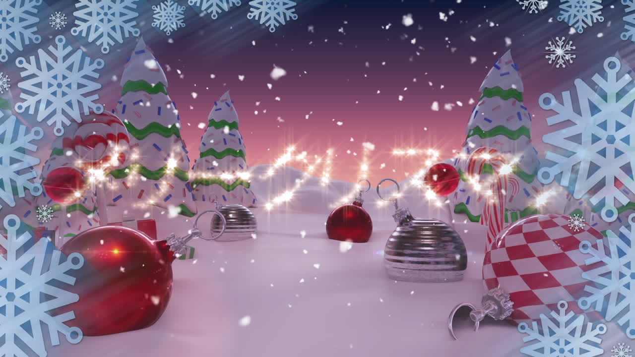 feliz navidad en texto chino y nieve cayendo sobre las decoraciones de navidad en el paisaje de invierno