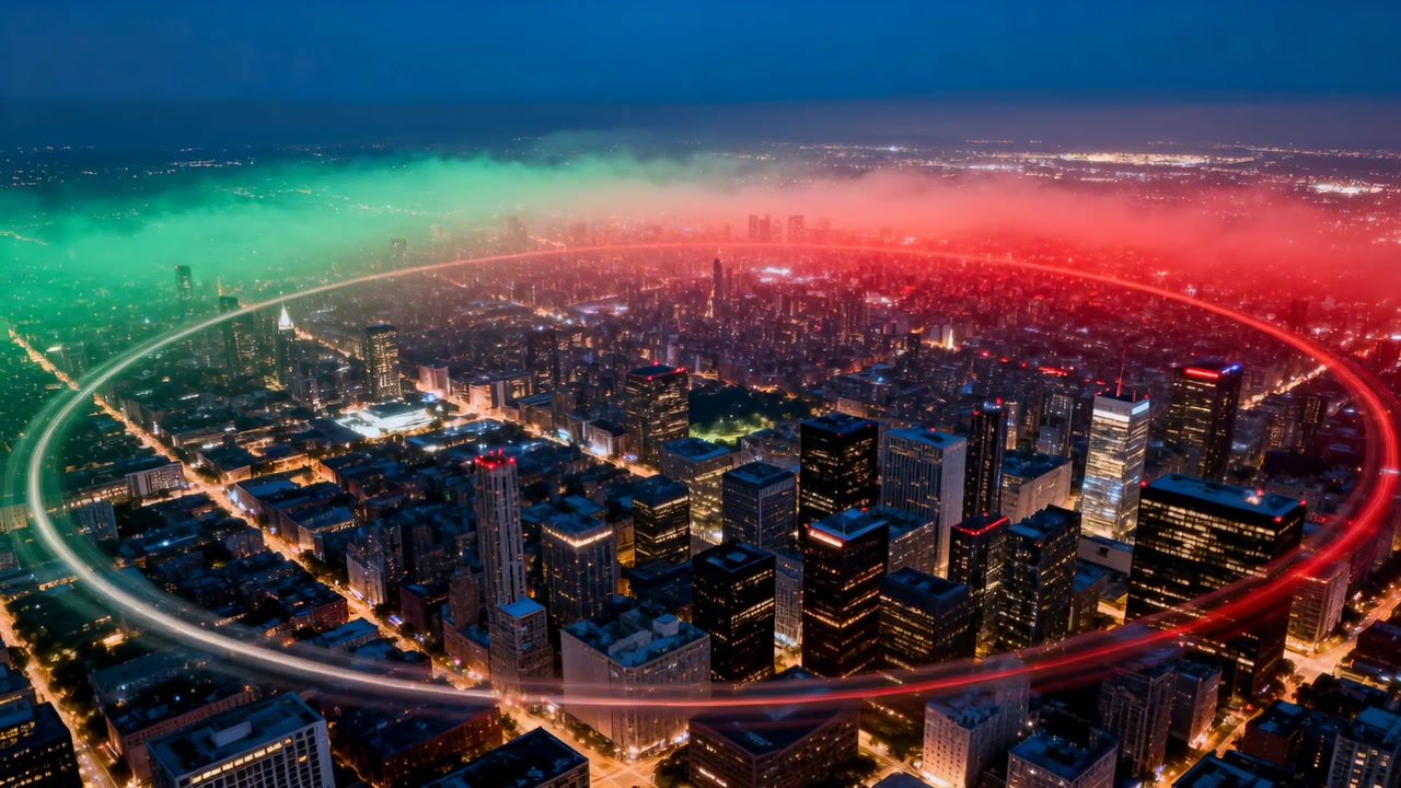 Appearing at night, luminous band encircling downtown skyline, intensifying red and green haze