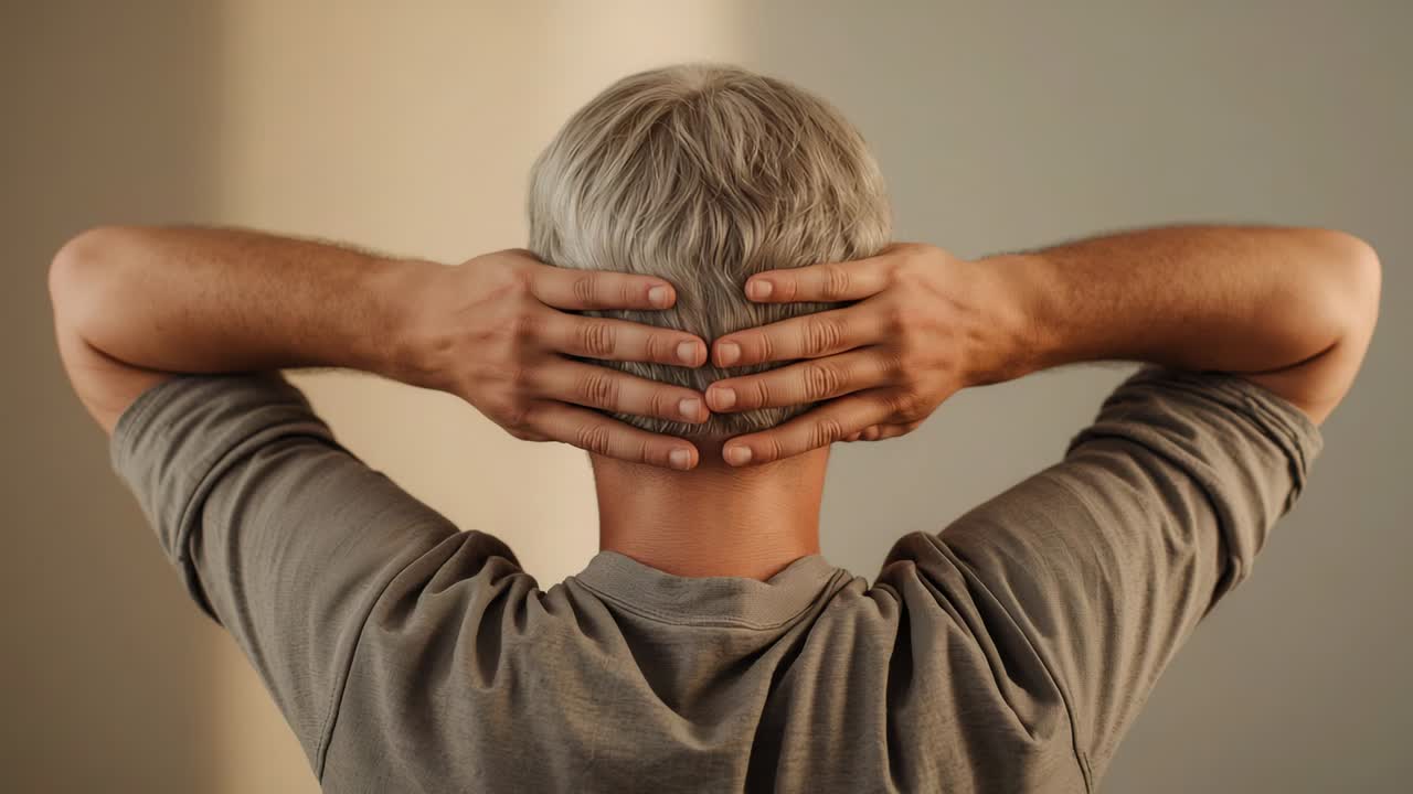 Recording, standing senior man resting with clasped hands behind head in beige room, gray tee