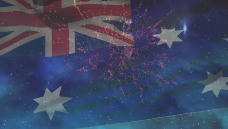 Animación-De-La-Bandera-De-Australia-Ondeando-Sobre-Fuegos-Artificiales.