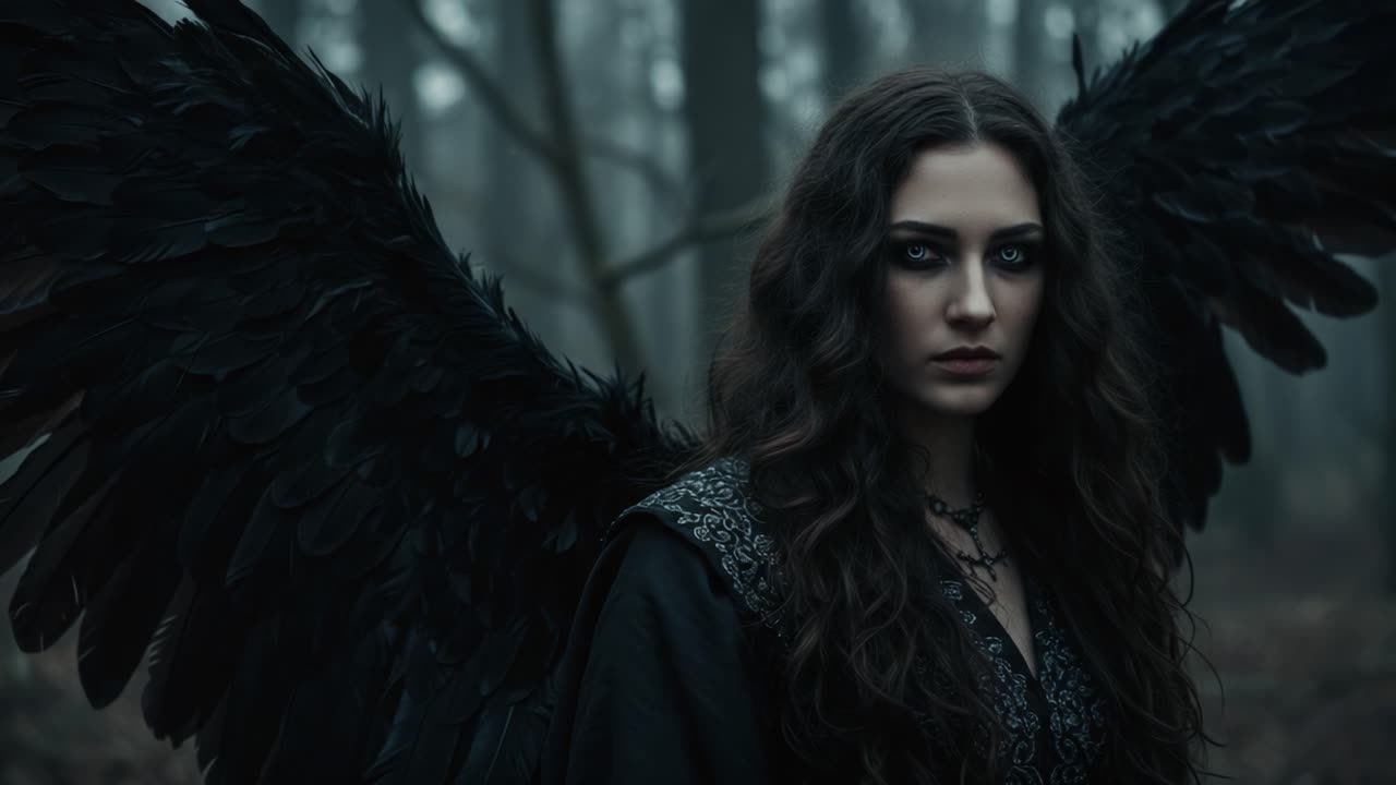 A Mysterious Figure with Dark Wings Stands in a Foggy Forest, Channeling an Enigmatic Aura of Power and Grace Under an Ethereal Light, Evoking Themes of Darkness and Enchantment