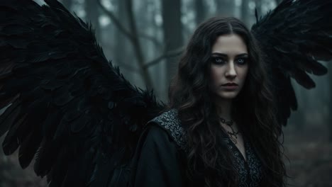 a mysterious figure with dark wings stands in a foggy forest, channeling an enigmatic aura of power and grace under an ethereal light, evoking themes of darkness and enchantment