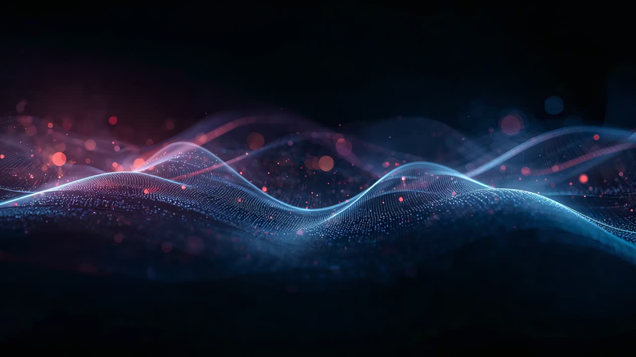 Pulsing blue point-cloud mesh wave shifting right in void, pulse sparking ribbon streaks, particles