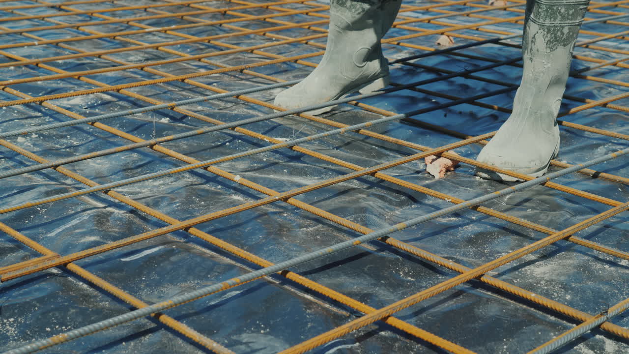 작업자는 전기자의 막대를 콘크리트 i를 붓기 위한 와이어 준비와 능숙하게 연결합니다.