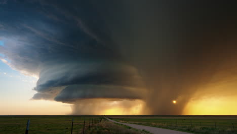 dramatic supercell thunderstorm at sunset over a rural landscape
