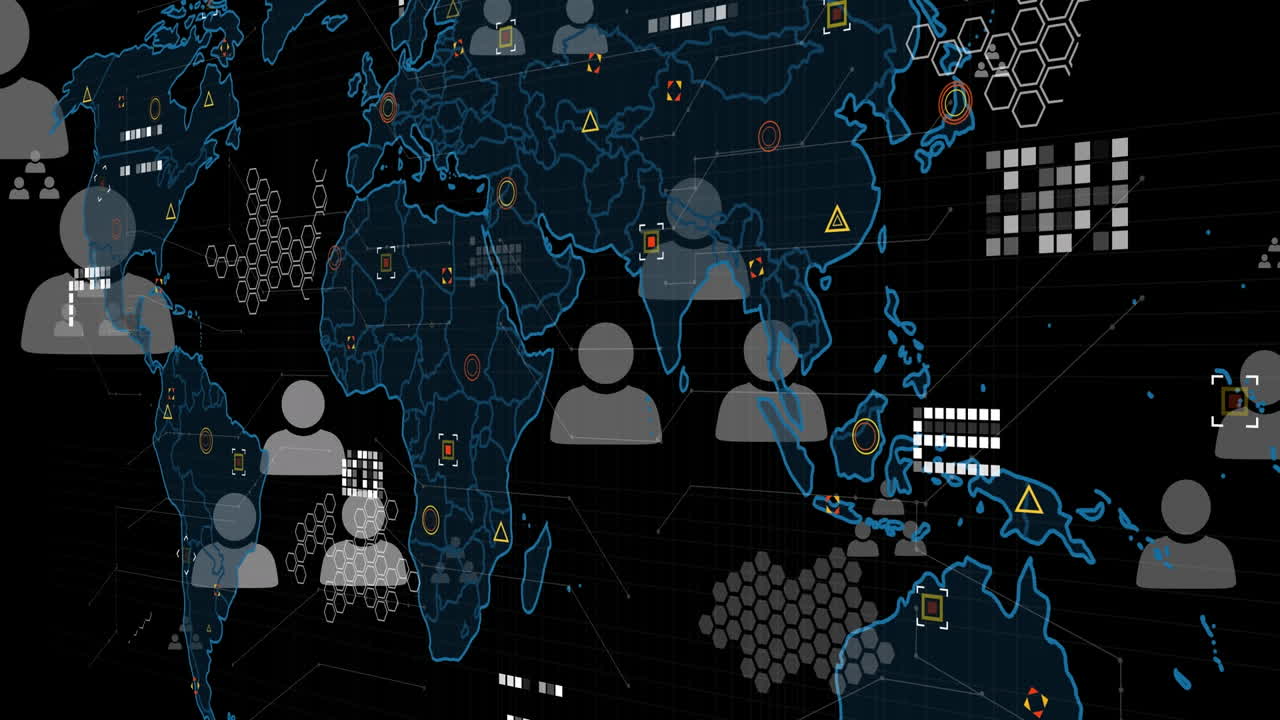 Animation of data processing with world map over black background