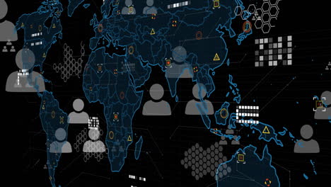 animation of data processing with world map over black background