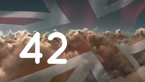 animation of counter over clouds and flag of united kingdom