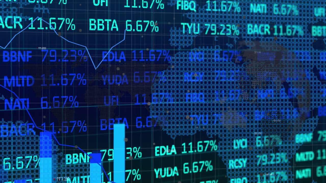 Animation of financial data processing over dark background