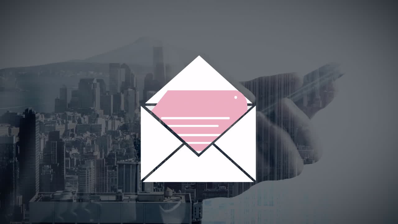 Holding smartphone, hand with envelope icon and pink letter over cityscape animation
