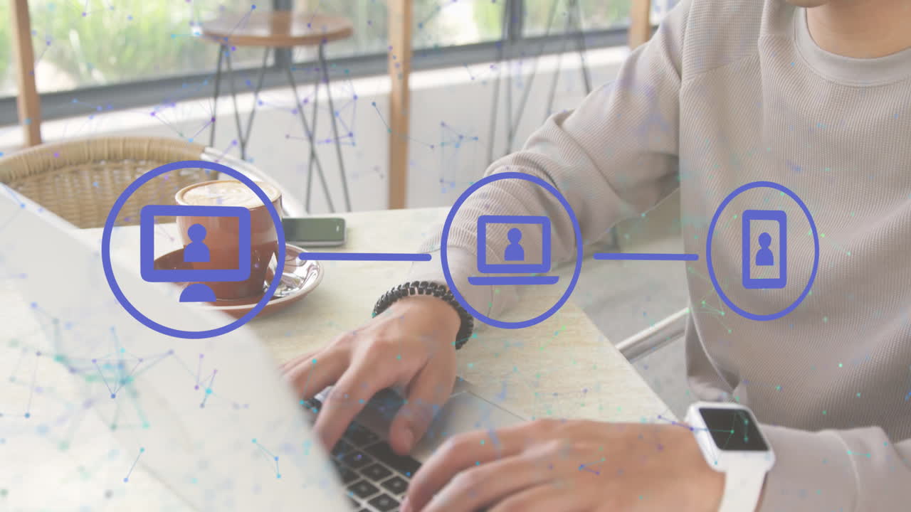 Animation of data processing and networks over man using laptop