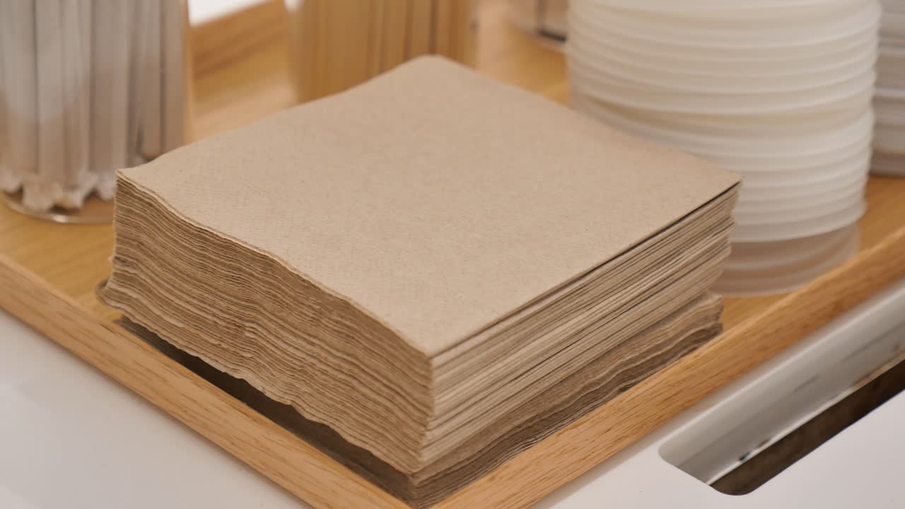 Stack of napkins and disposable cups on a tray