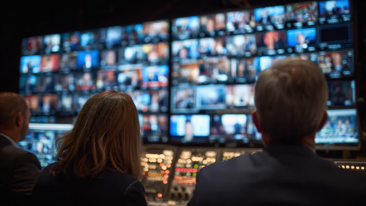 Behind the Scenes: Media Professionals Analyze Multiple Screens in a Control Room, Highlighting Their Role in Broadcasting Content Effectively to Audiences