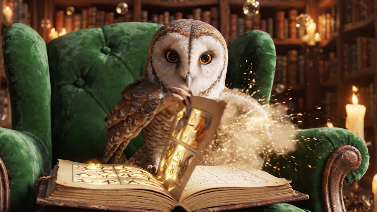 Un enigmatico gufo seduto su una comoda poltrona verde, immerso in un antico libro circondato da bolle scintillanti e candele tremolanti in un'ambientazione da biblioteca mistica