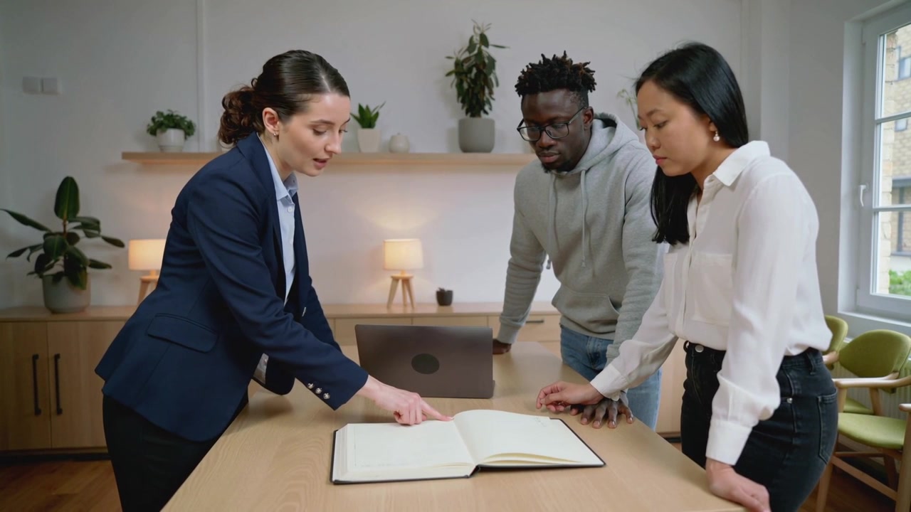 Gerente de blazer azul-marinho apontando, iniciando uma revisão, guiando a equipe na mesa de reunião com livro-razão e laptop.