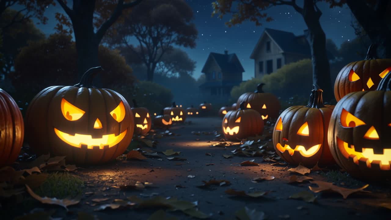 Pushing camera slowly revealing carved pumpkins along suburban lane, with flickering candlelight
