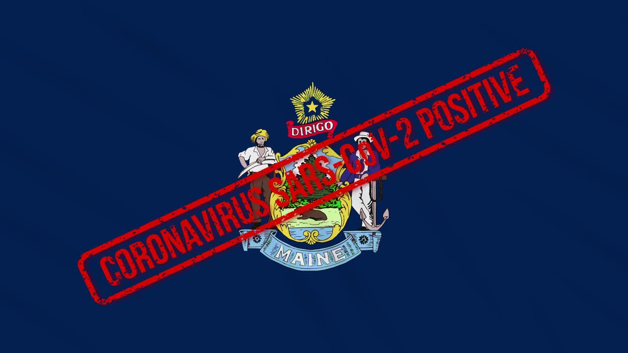 Maine US state swaying flag stamped with positive response to COVID-19, loop