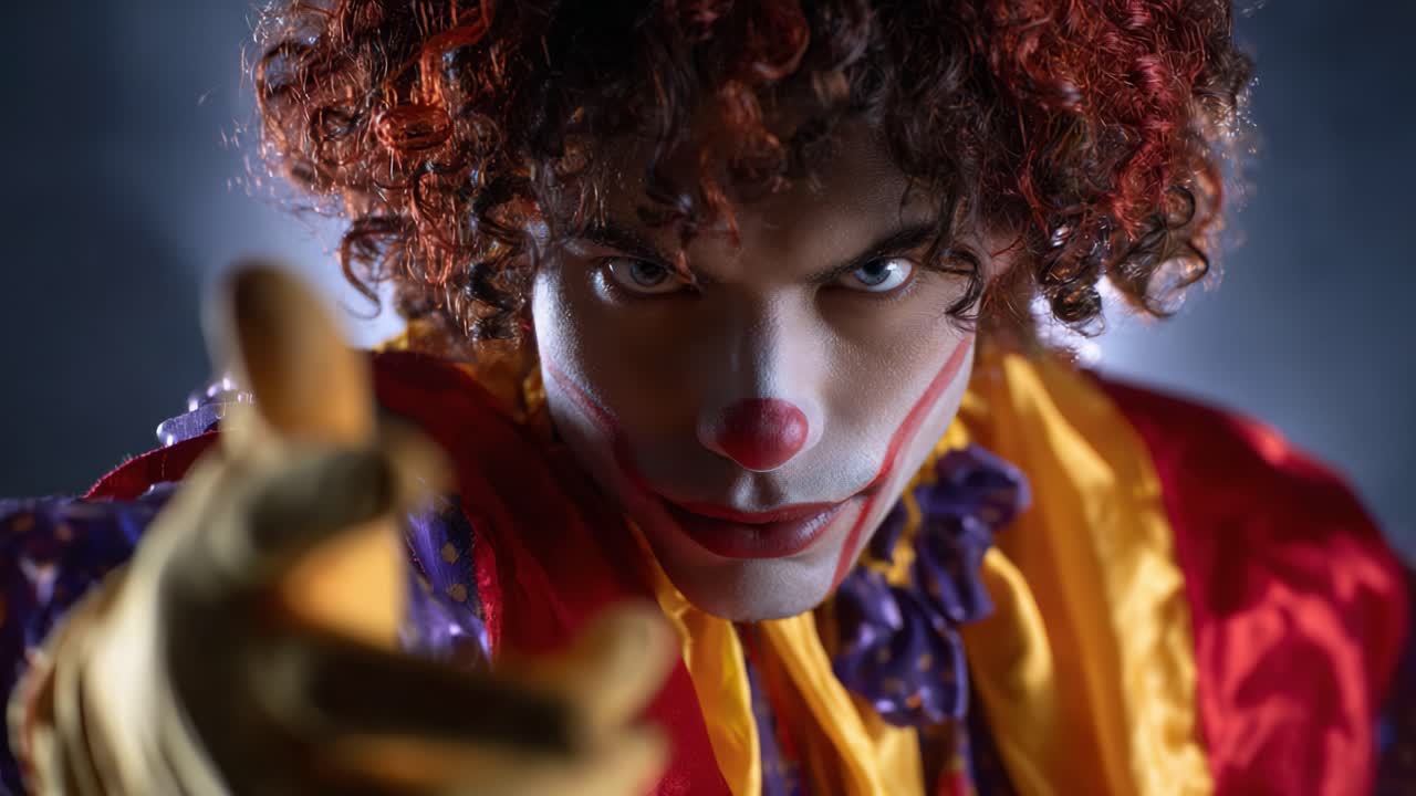 A captivating clown character with vibrant makeup and colorful costume reaching out towards the viewer, revealing an intriguing and inviting expression