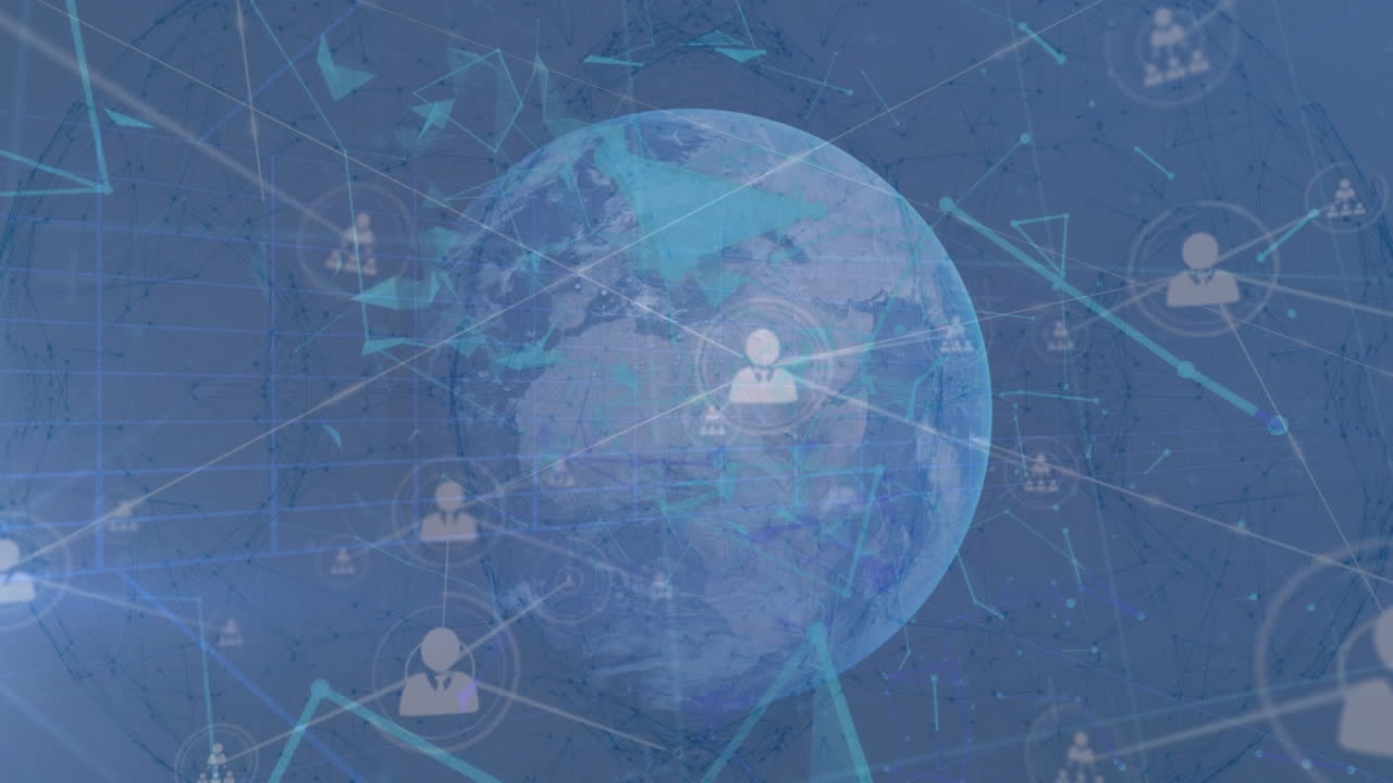 파란색 바탕에 전 세계에 있는 아이콘으로 연결된 네트워크의 애니메이션