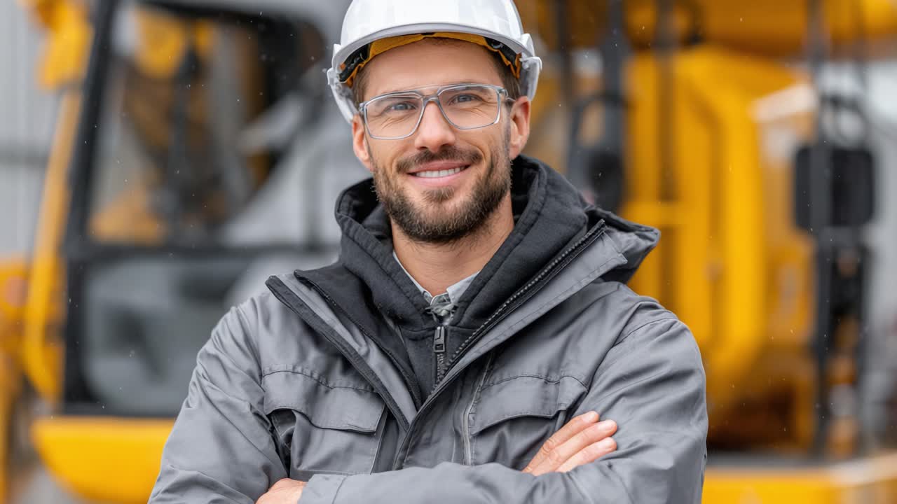 Confident Construction Worker in Safety Gear Smiling at the Camera, Showcasing Professionalism and Dedication in the Heavy Machinery Environment