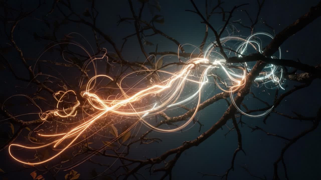 A Mesmerizing Encounter Between Light and Shadow: Illuminated Streams of Energy Dancing Among the Branches, Creating an Ethereal Atmosphere of Nature's Beauty
