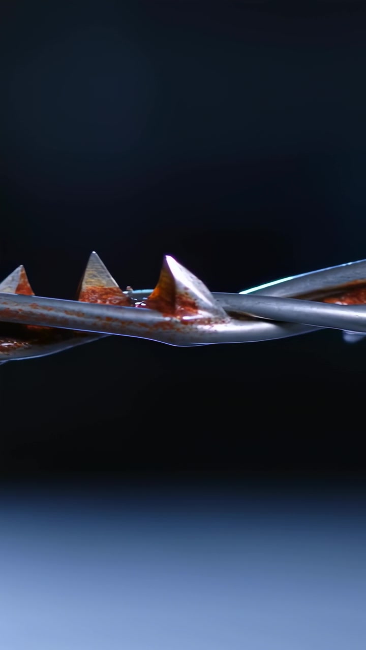 Vertical video: Starting camera panning barbed wire in studio, showing rust and sticky beads