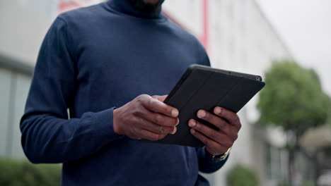 Hands, tablet and man typing in city for social