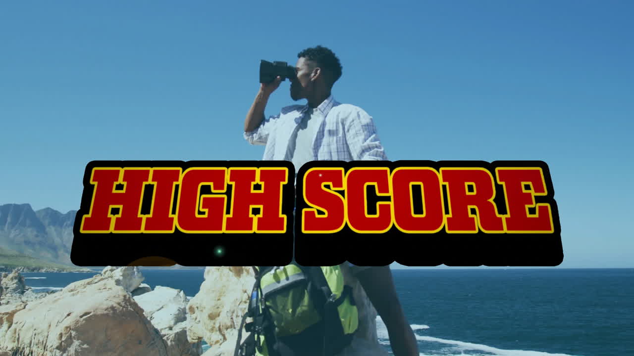 Using binoculars on rocky coast, man observing with High Score animation overlay