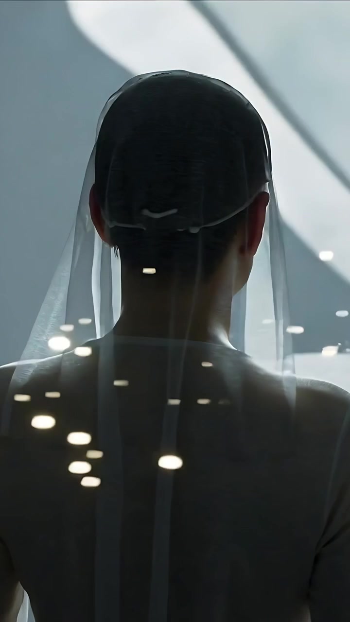 Vertical video: Turning model in cap and veil, camera moving, rotating torso in studio with bokeh