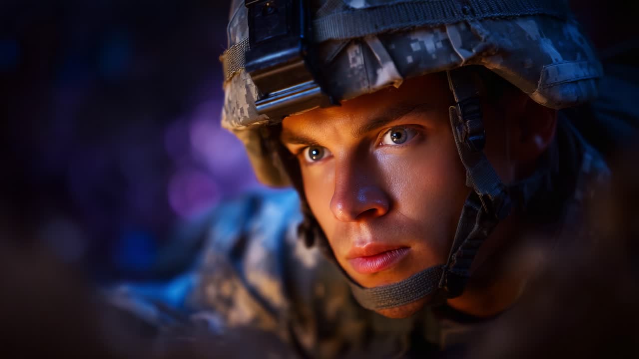 Soldat i taktisk utstyr, fokusert og målrettet, klar for action i et intenst miljø, som reflekterer mot, motstandsdyktighet og plikt