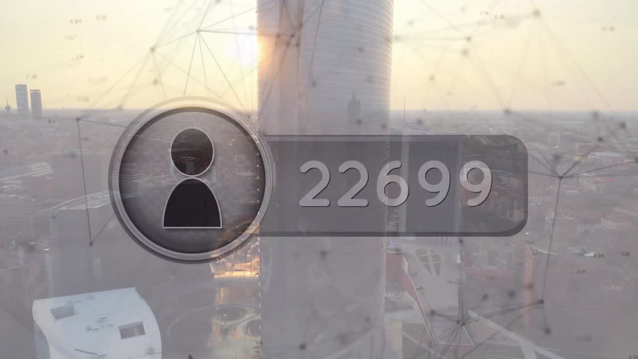 도시 풍경 위의 아이콘과 연결 네트워크의 애니메이션