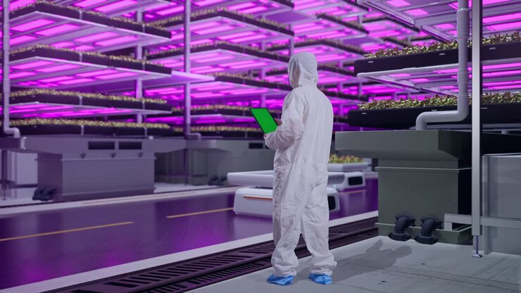 Scientist Monitoring Vertical Farm