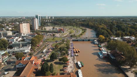 Aerial-view-of-delta-and-river-with-horizon-at-background-at-daytime-revealing-Tigre-city