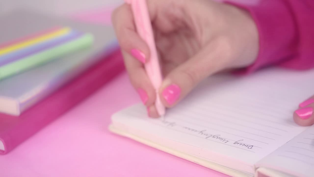 Close-up of a Hand Writing in a Notebook with a Pink Pen