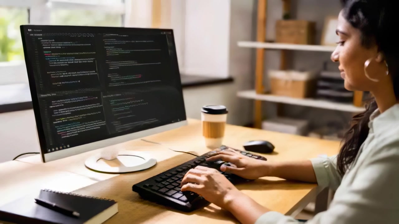 Reading code on monitor, woman in light shirt wearing hoops editing at home office, copy space